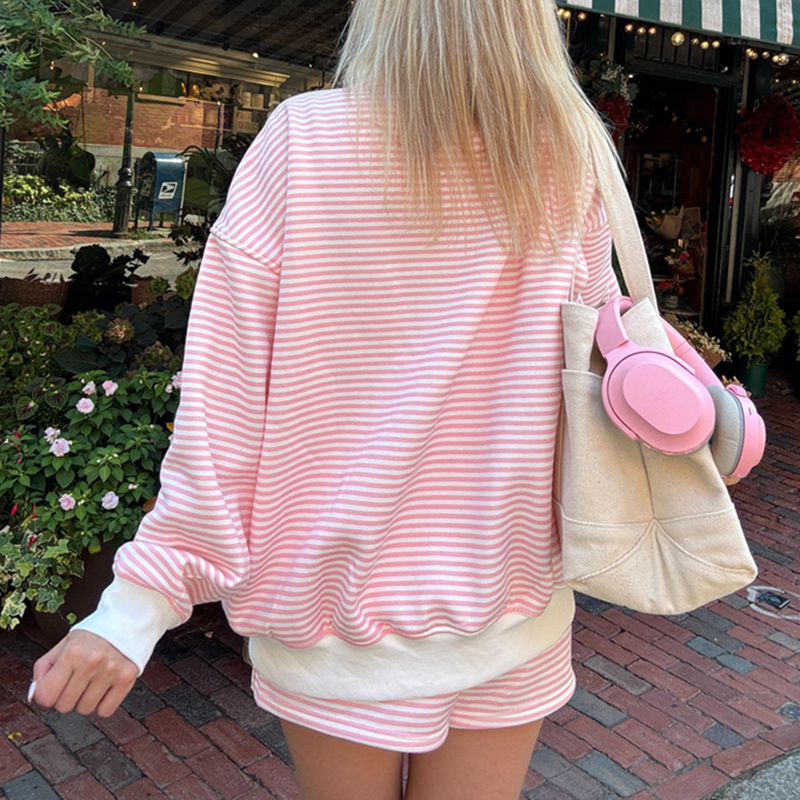 Ensemble sweat-shirt rayé pour femme, 2 pièces, short, tenue Y2k, manches longues, col haut, pull et short, survêtement d'automne