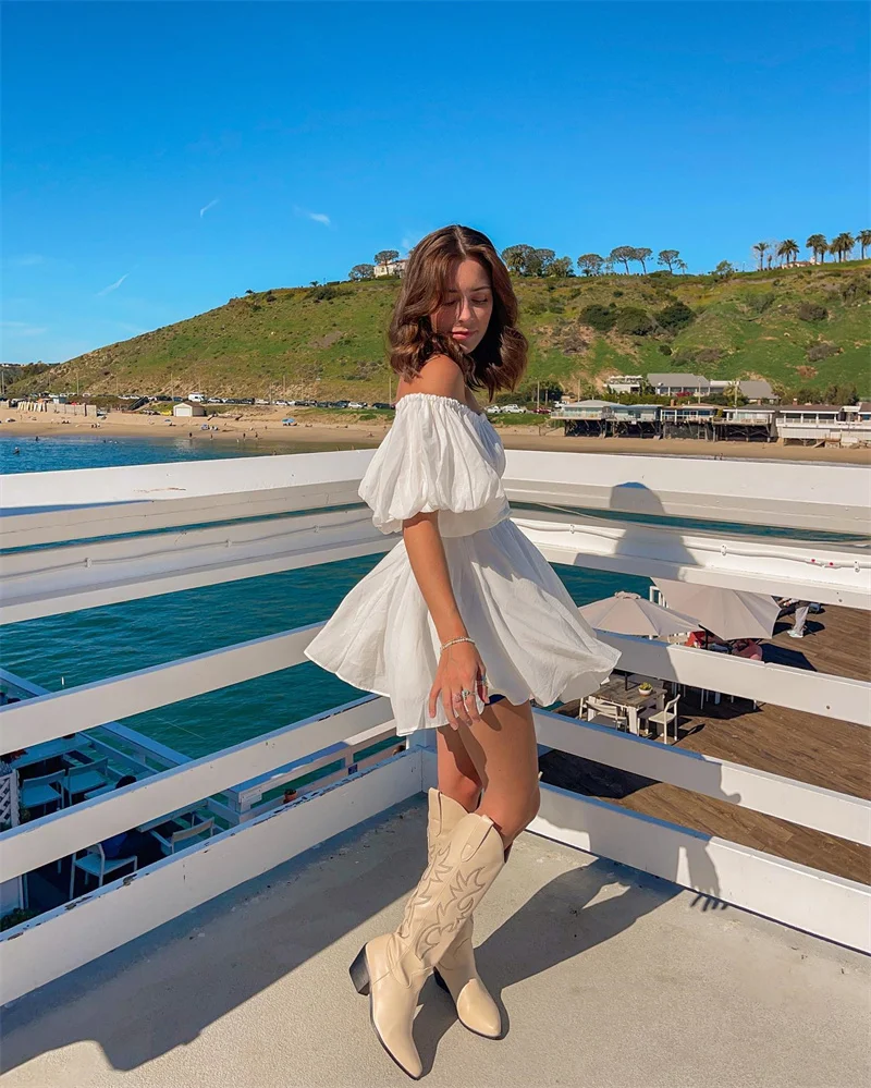 Robe d'été décontractée pour femmes, mode Sexy, couleur unie, élégante, manches courtes bouffantes, épaules dénudées, tunique, marron/blanc