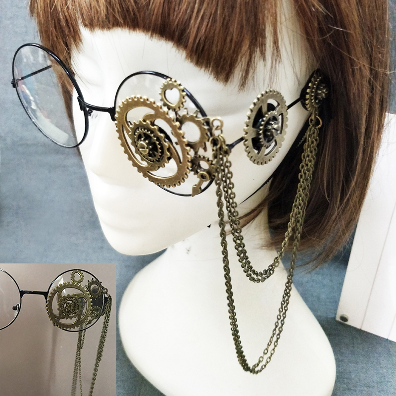 Lunettes pour femmes Steampunk rétro cadre rond Lolita engrenages chaîne décor gothique lunettes Cosplay Halloween fête hommes lunettes