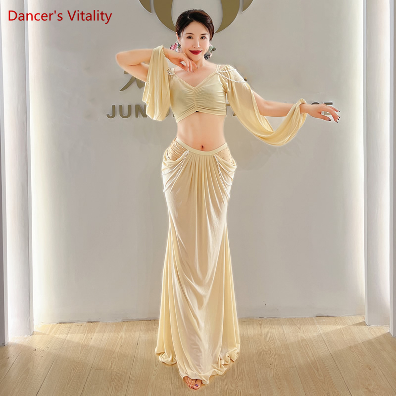 Vêtements de danse du ventre pour femmes, haut à manches en maille avec perles, jupe longue, ensemble de olympiques financièrement pour filles, tenue d'entraînement féminine, 2 pièces