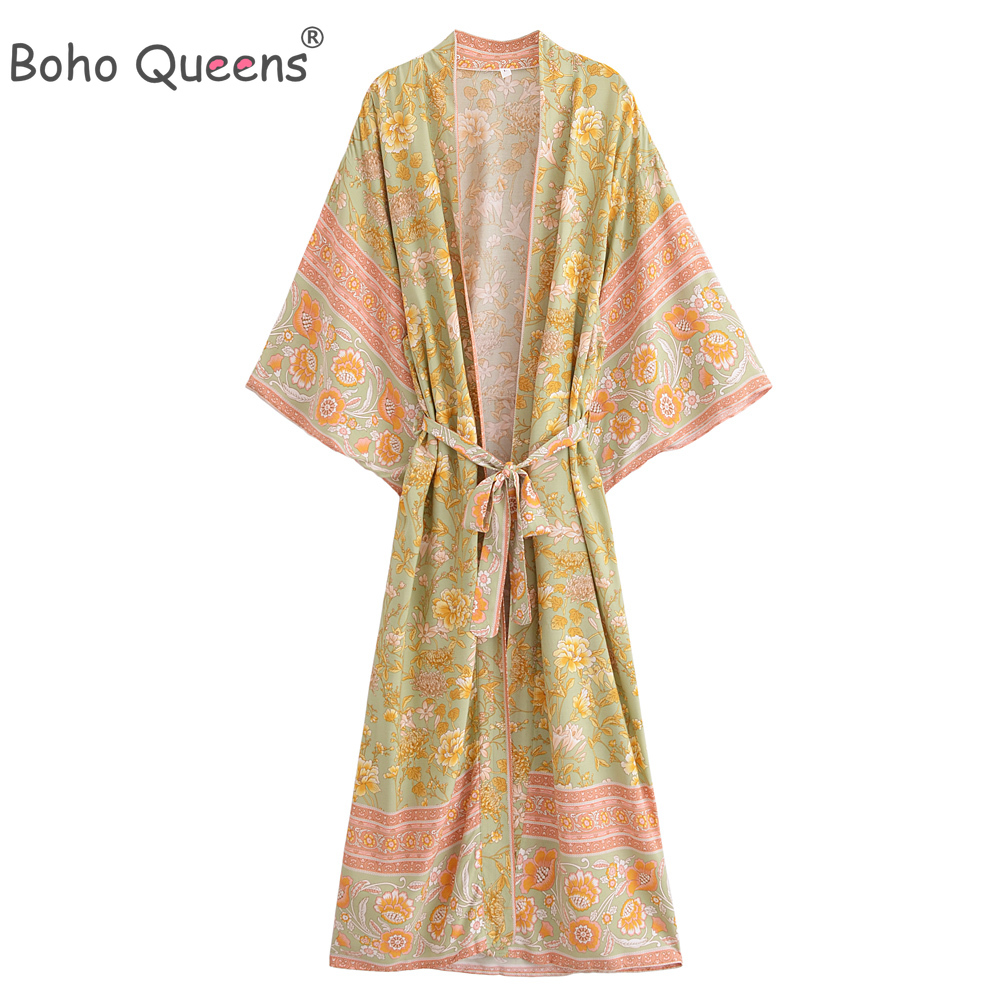 Boho Queens Vintage femmes imprimé fleuri ceintures bohème Kimono dames col en V manches chauve-souris rayonne Maxi Robe couvertures