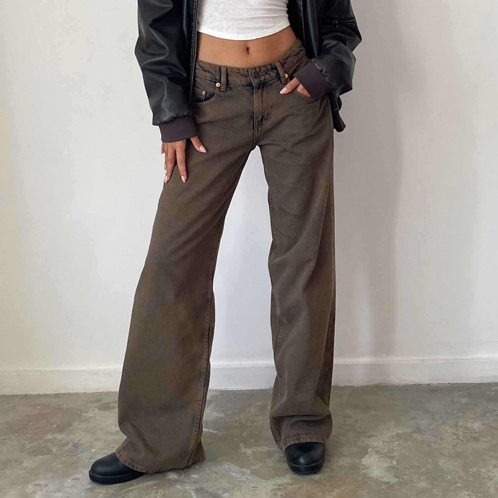 Jean Femme Polyvalent, Couleur Unie, Taille Basse, Fermeture Éclair, Bouton, Poches, Streetwear Quotidien