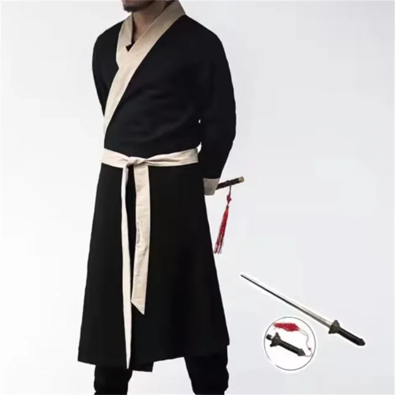 Robe longue Hanfu noire à col croisé pour homme, costume vintage d'arts martiaux, robe de style chinois en mélange de lin avec ceinture assortie