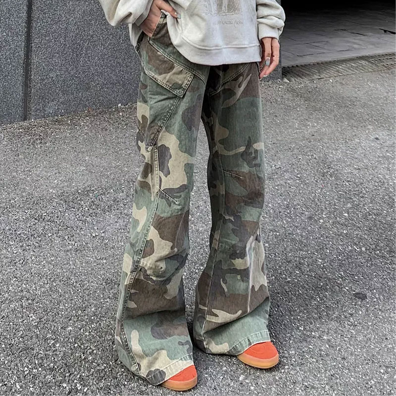 Pantalon cargo ample camouflage coupe bootcut pour homme – Style streetwear décontracté printemps-automne – Tendance rétro américaine