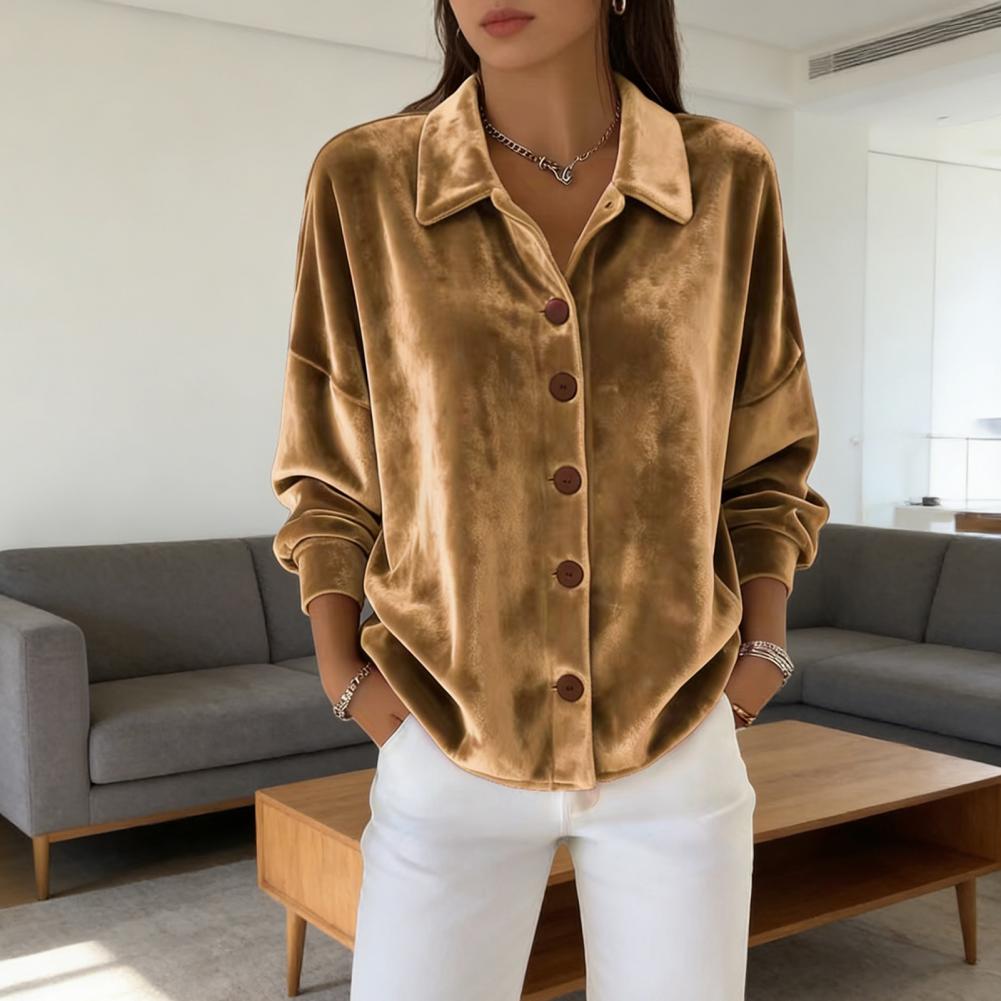 Chemise pour femmes, couleur unie, col à revers, manches longues, texture en velours, hauts pour femmes, coupe ample, boutons, patte de boutonnage, hauts de travail