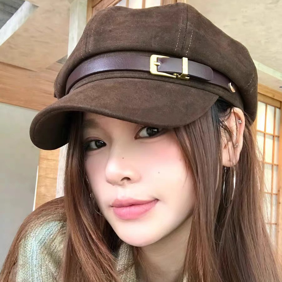 Béret rétro de style britannique pour femme, casquette octogonale en suède, chapeau d'artiste en cuir PU avec boucle, pour grande circonférence de tête, chapeau d'automne