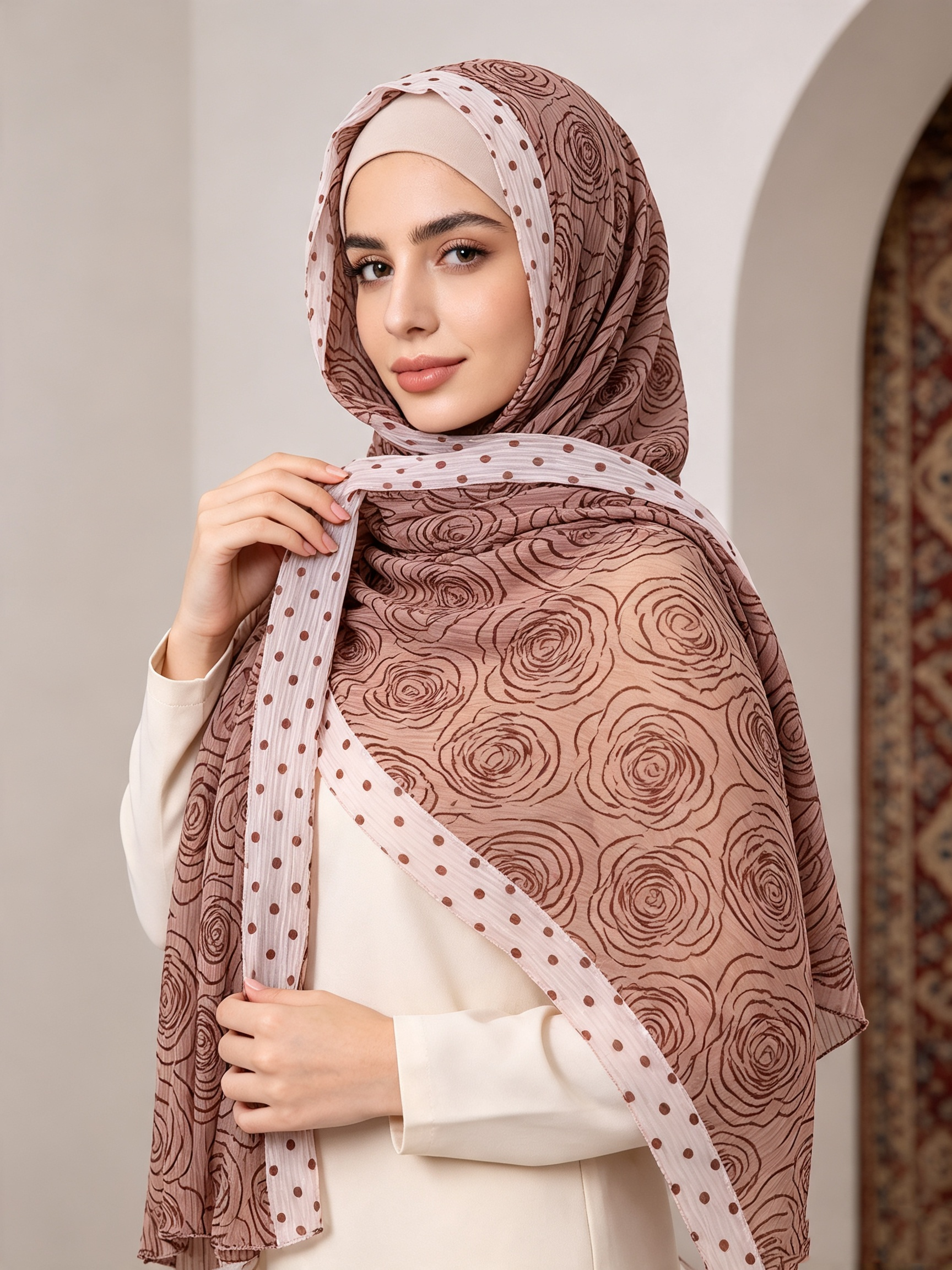Écharpe à bordure à pois en mousseline froissée à imprimé rose, hijab châle de style turc, doux et léger, foulard pour femmes musulmanes.