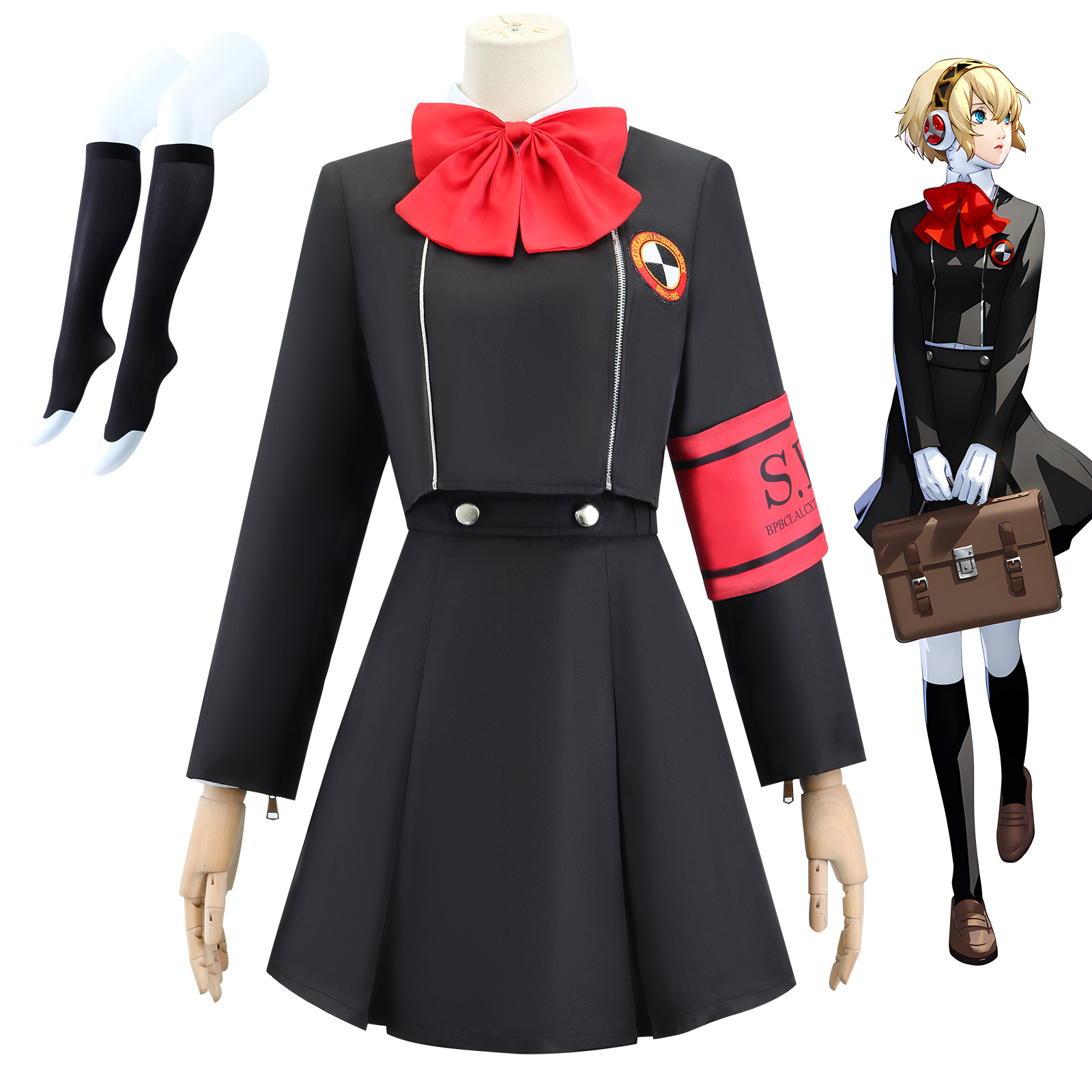 Costume de Cosplay de Aigis Ensemble Uniforme Robe Noire Nœud Rouge Brassard SEES Style Écolier Déguisement pour Fête d'Halloween
