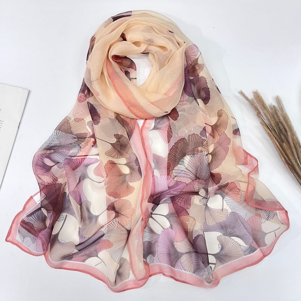 Écharpe en mousseline de soie florale pour femme – Georgette soyeuse 160x50cm, enveloppement de plage d'été léger et hijab de protection solaire