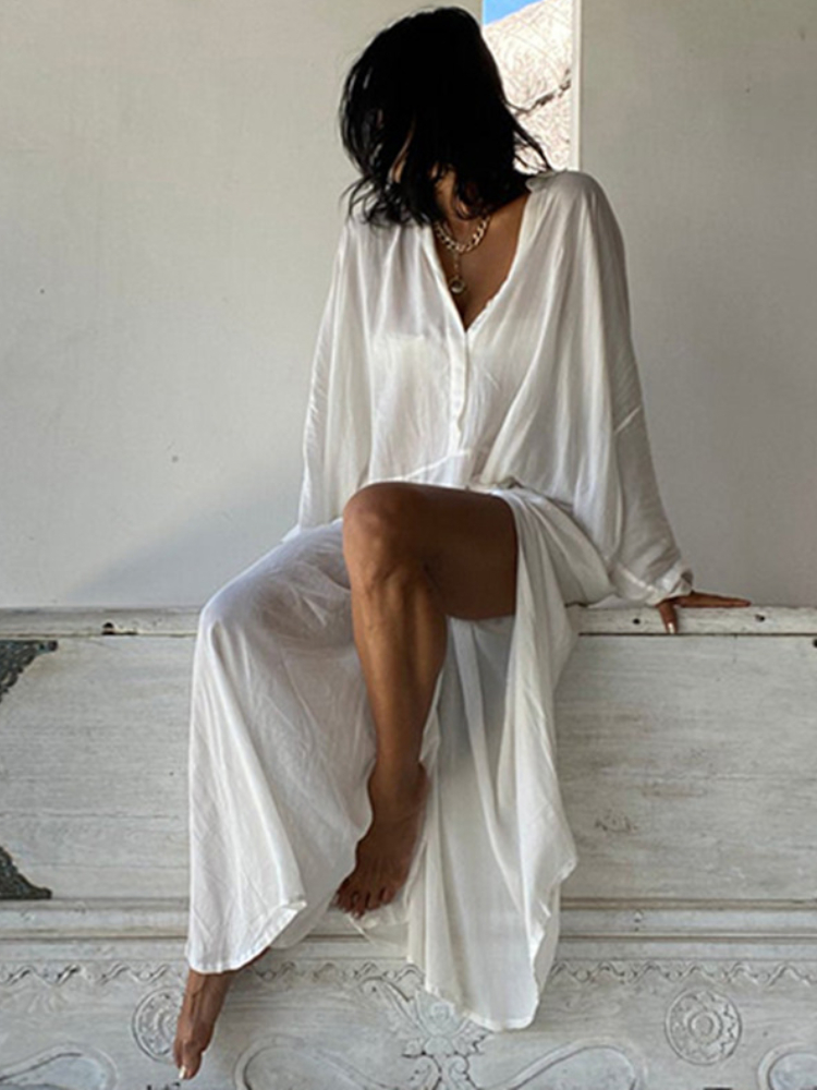 Robe de plage maxi blanche avec poches, cover-up pour les maillots de bain, kaftan, kimono, tunique d'été élégante
