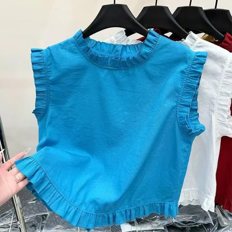 Chemise sans manches en dentelle épissée pour femmes, nouveau Style coréen, mode polyvalente, col rond, haut ample de couleur unie, 2025