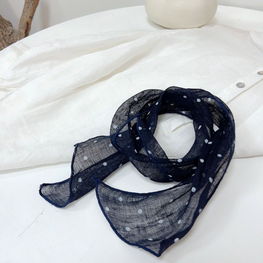 Écharpe longue pour femme en lin et soie, motif pois bleu marine rétro, imprimé rayé, protection du cou, 10*103cm