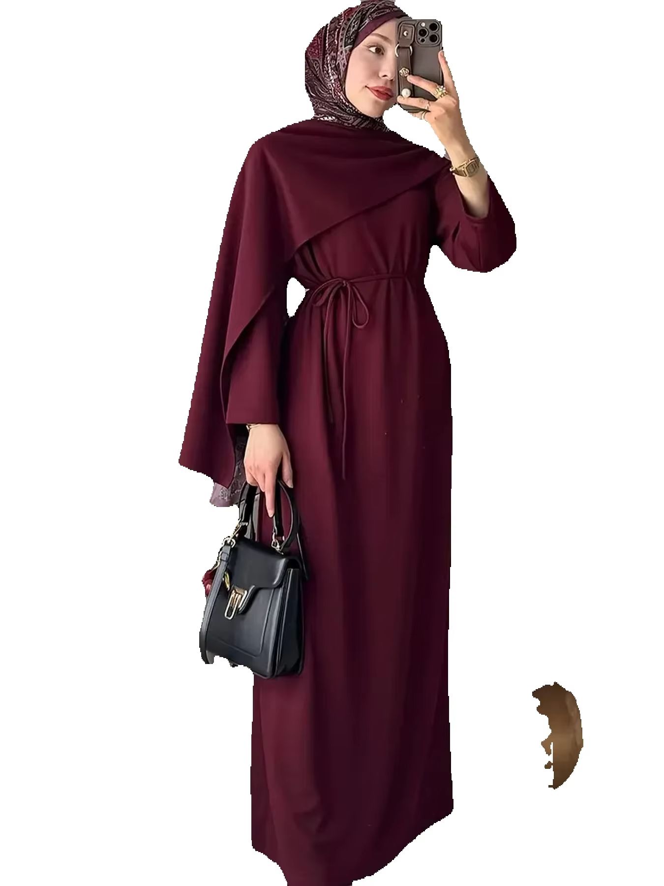 Robe longue élégante décontractée pour femmes, style musulman, couleur unie, manches longues, à lacets, jupe longue