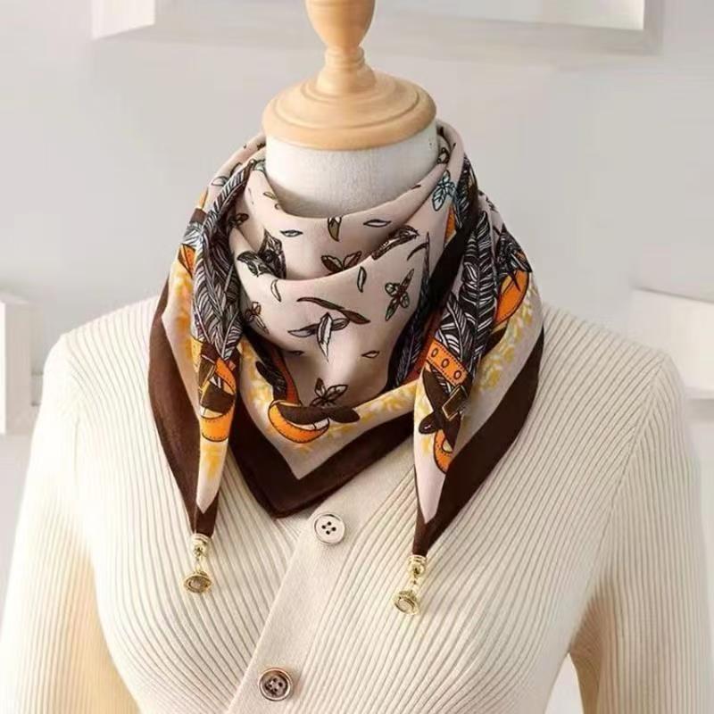Foulard carré de luxe pour femmes, enveloppe à boucle magnétique, imprimé floral à carreaux, Triangle croisé, foulard en soie, doux et chaud, 65cm x 65cm