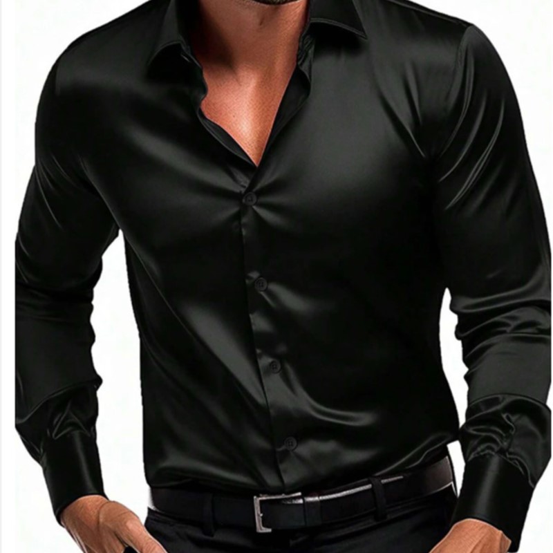 Chemises d'affaires décontractées en Satin de soie pour hommes, manches longues, simple boutonnage, boutons, col rabattu, vêtements de fête de mariage, chemisier