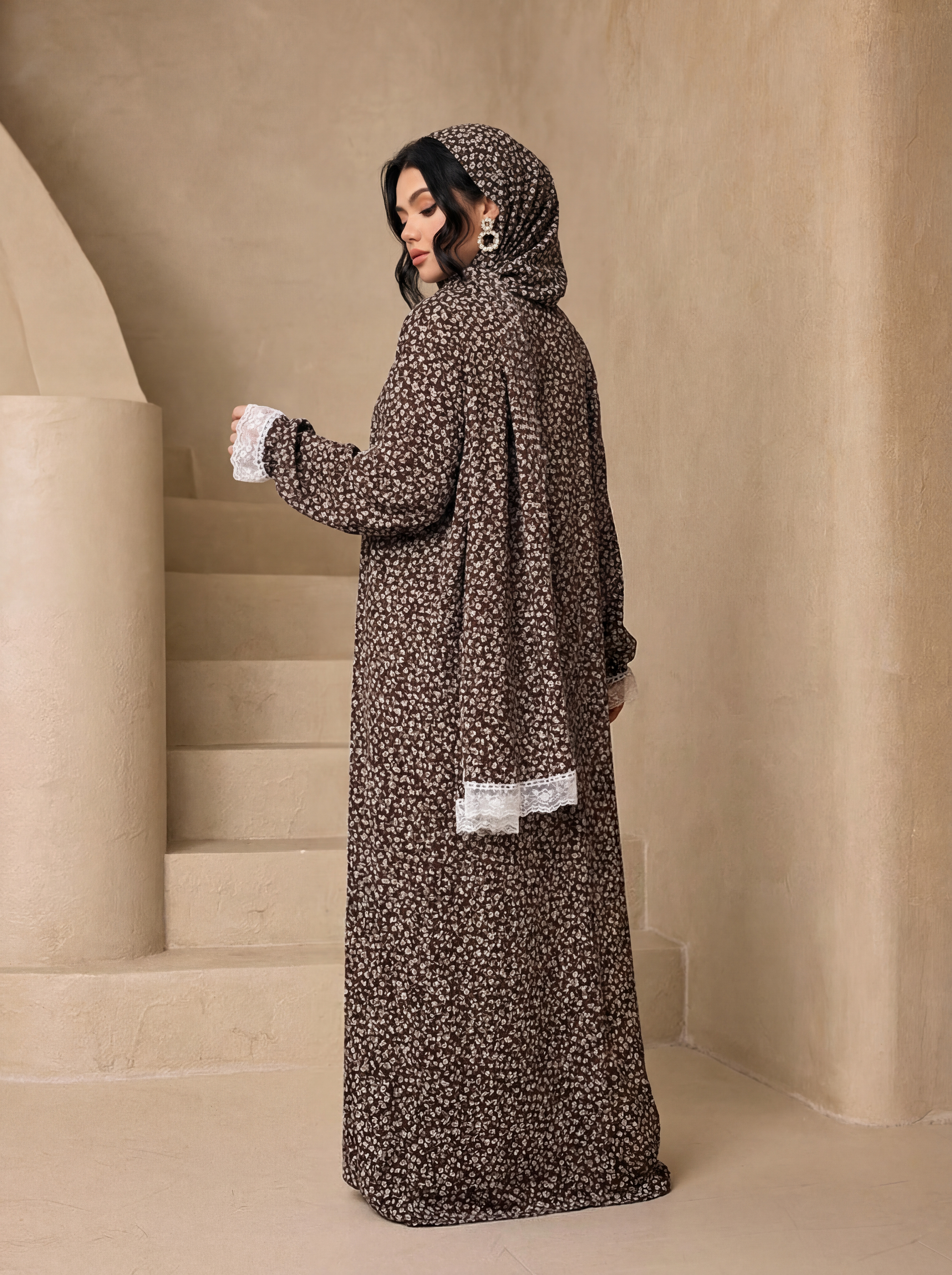 Abaya vintage à imprimé floral, ensemble de 3 pièces avec hijab assorti, robe maxi modeste à manches en dentelle blanche, tenue de fête pour femmes musulmanes
