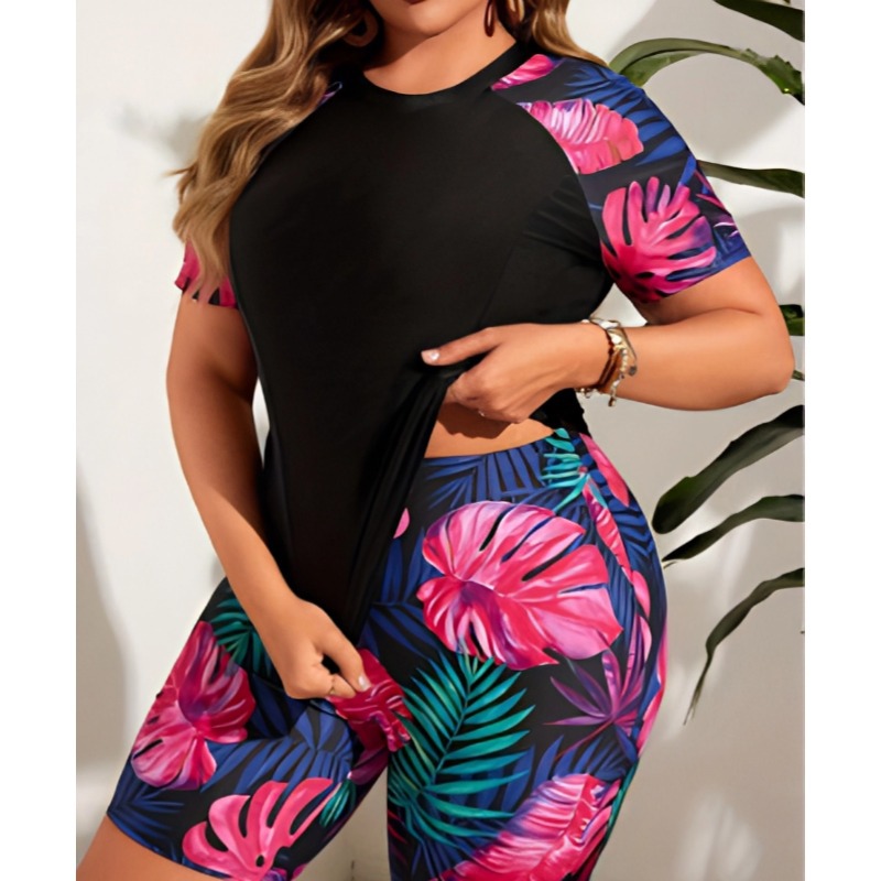 Maillot de bain deux pièces pour femme, nouveau maillot de bain imprimé haut de gamme, style sportif, coupe carrée, manches courtes, conservateur