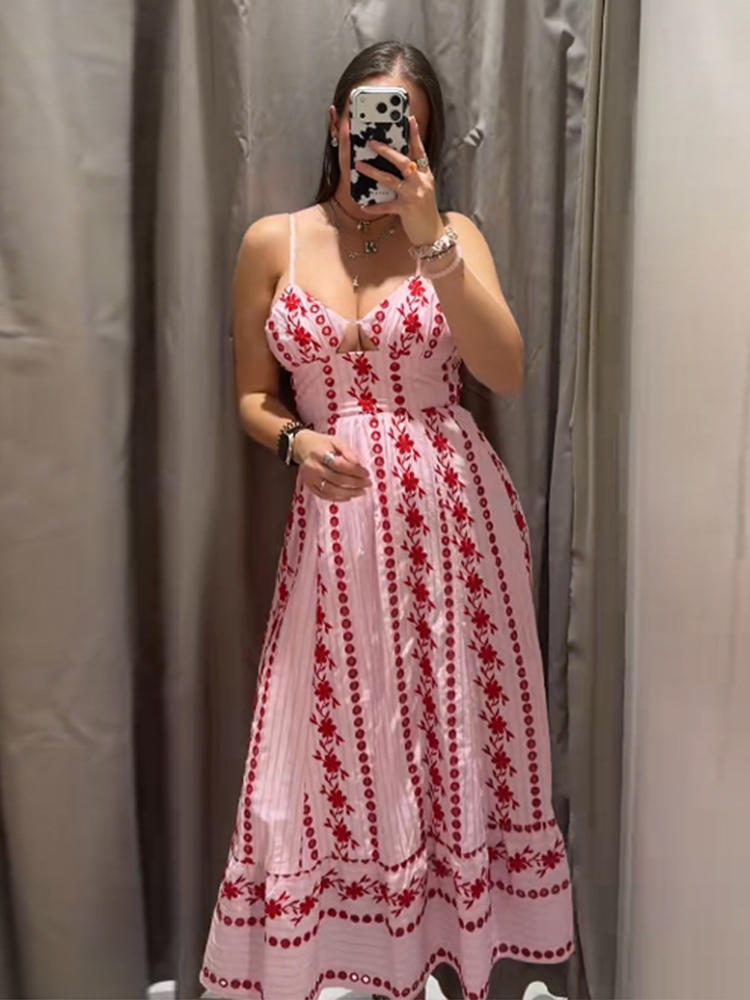 Robes longues imprimées florales pour femmes, bretelles Spaghetti, dos nu, coupe cintrée, sans manches, taille haute, robe de vacances brodée pour dames