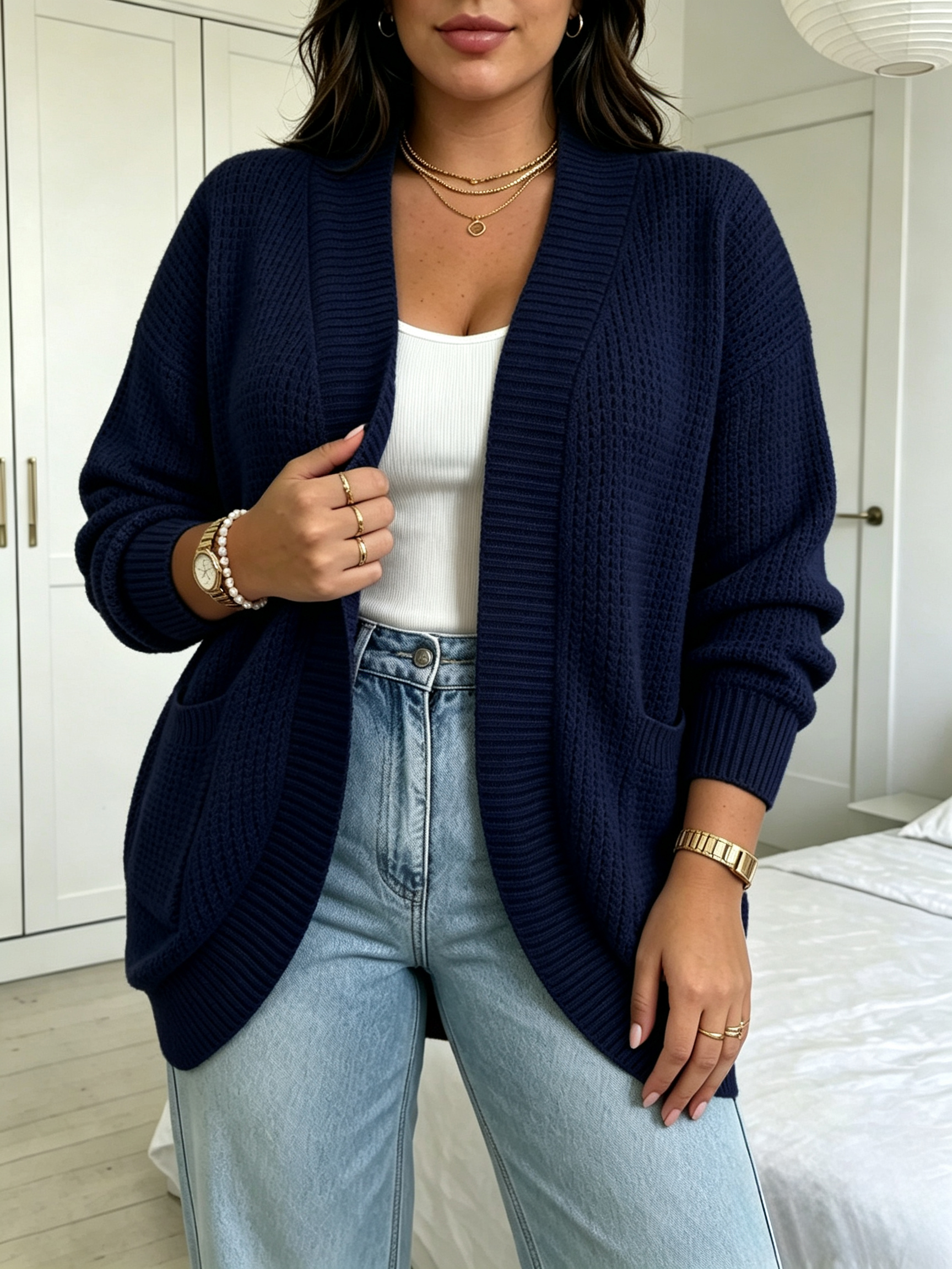 Cardigan ouvert élégant pour femmes, grande taille, pull en maille, vêtement d’extérieur pour l’automne et l’hiver, coupe ample, avec poches, manches longues, idéal pour les vacances et les tenues décontractées.
