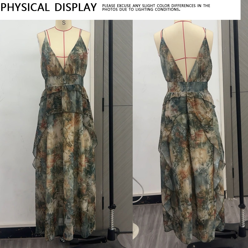 Robe longue d'été fluide pour femme, style bohème vintage imprimé, à bretelles spaghetti, décolleté en V profond, taille à volants, dos découpé