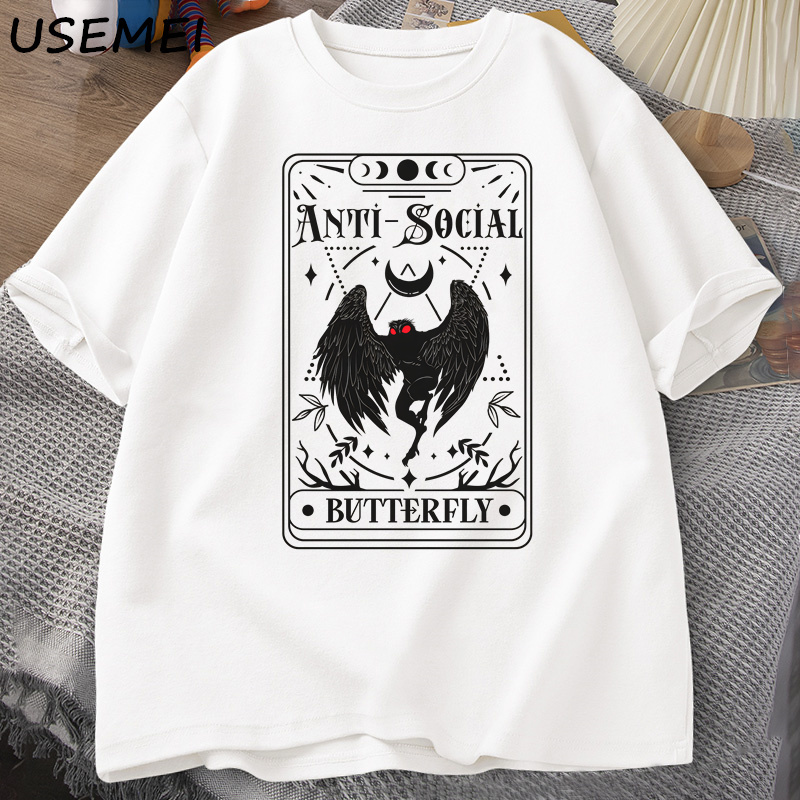 T-shirt manches courtes col rond homme, streetwear décontracté, vintage, en coton, avec carte de tarot papillon imprimé, Mothman