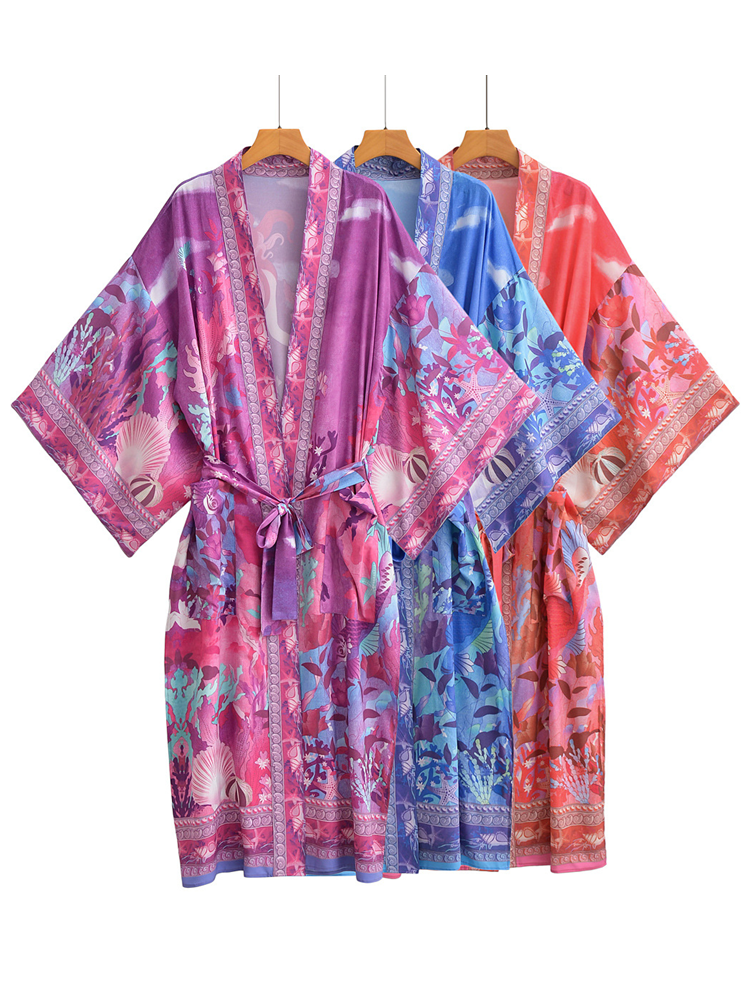 Kimono à imprimé fleuri sirène, col en V, chemise longue, hippicopter, marée, ceintures à nœud, cardigan midi, chemisier adt, cape de plage, vacances