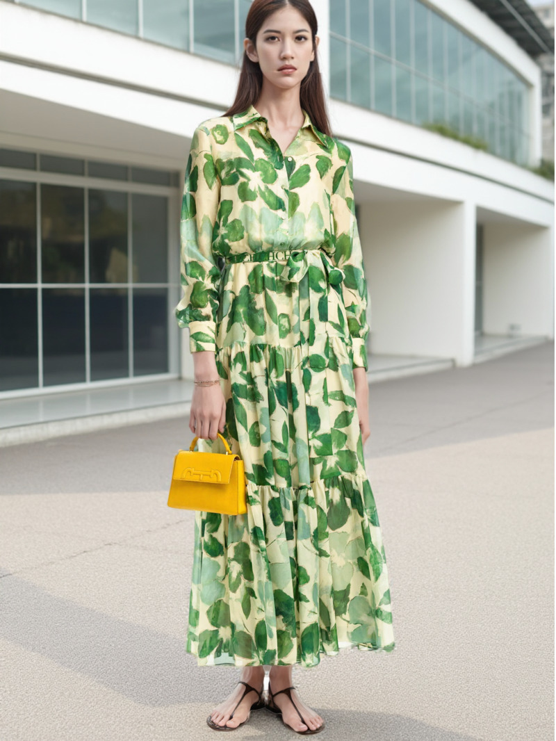 2025 robes femmes nouveau ceinturé en mousseline de soie imprimé col en v Chic mince robe longue mode élégante vacances rue robe pour femmes 8UN5