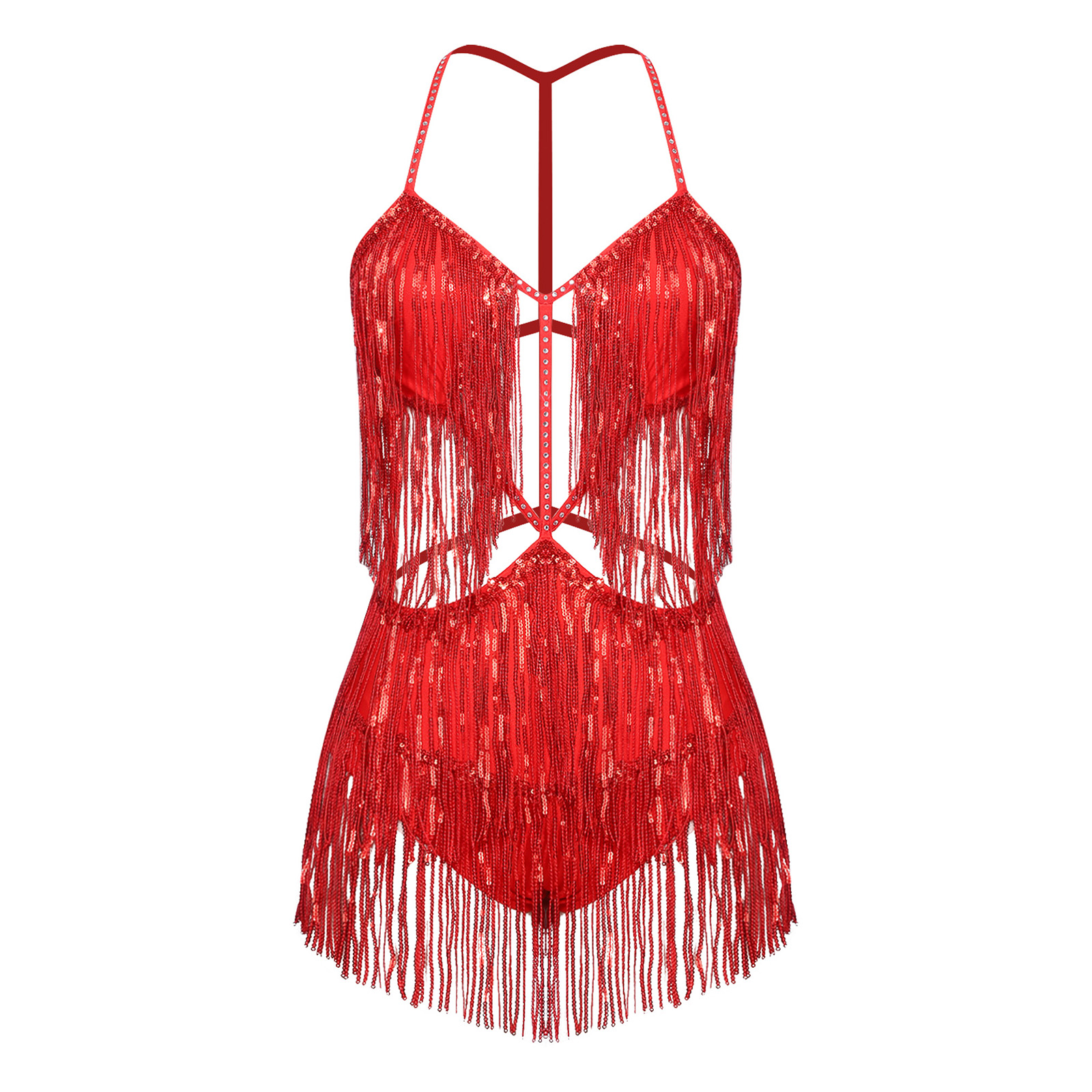 Costume de danse orientale pour femme, justaucorps à franges, robe de danse latine, combinaison à sequins et pompons, dos nu, pour Tango et Cha-cha
