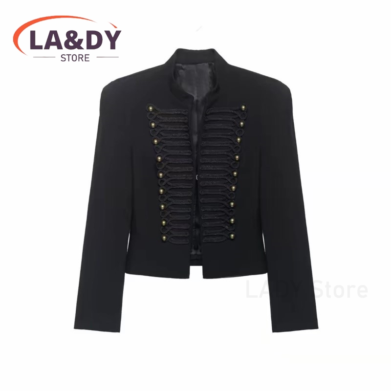Blazer court élégant noir vintage pour femme avec épaulettes rembourrées, collection Printemps-Automne 2026