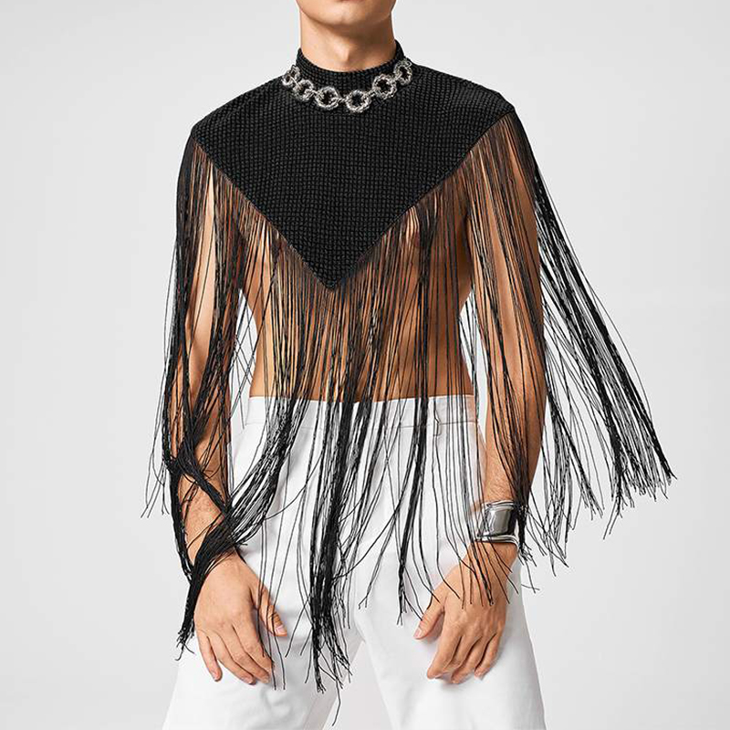 Gilets en Y à col roulé à pampilles pour hommes, irrégulière, précieuse, patchwork, fibre, streetwear, décontracté, sexy, ponchos Everak, mode masculine, nouveau, 2025