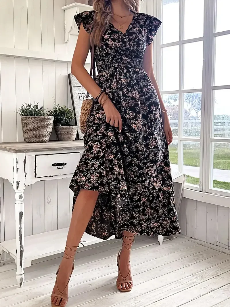 Grande taille 1XL-5XL femmes mode été imprimé fleuri col en v à volants ourlet robe dames à manches courtes élégante robe évasée robe longue