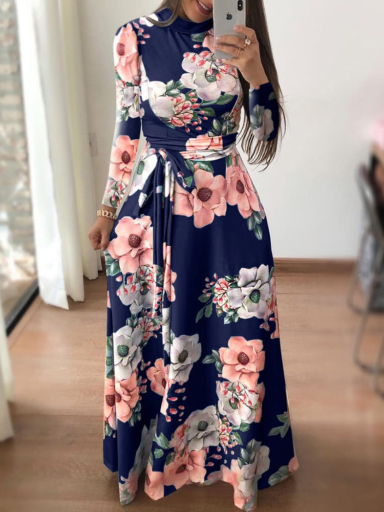 Robes Slim décontractées à manches longues pour femmes, col rond, imprimé floral, bretelles, longueur au sol, jupe longue, vêtements pour femmes