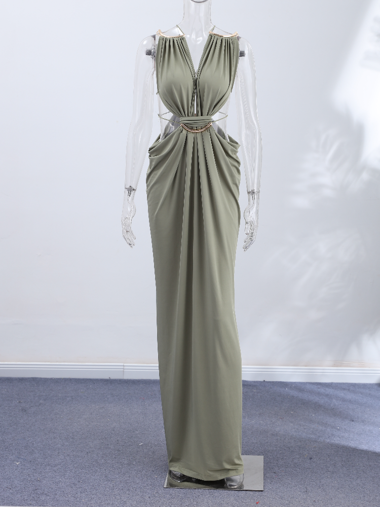 Robe longue sexy à découpes à la taille pour femme, col en V, sans manches, dos nu, style halter, couleur unie, collection été 2026, idéale pour les vacances à la plage