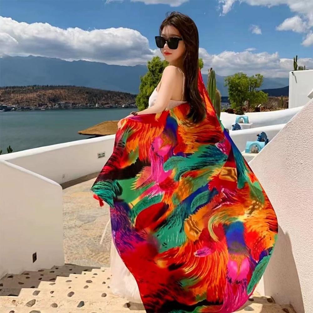 Sarong de plage coloré à imprimé plumes pour femme, grand châle en mousseline de soie anti-UV, écharpe de couverture pour bikini, idéal pour les voyages et la plage