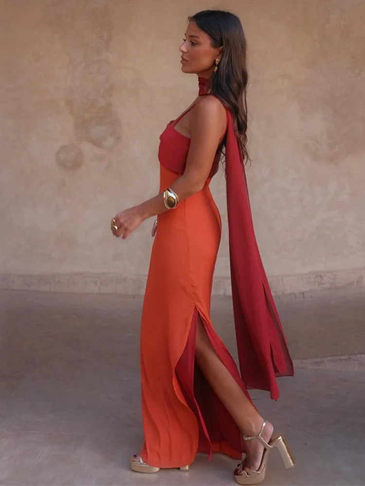 Nouvelle Robe Longue Chic Femme 2026 à Col Écharpe Color Block, Sexy, Fendue, Moulante, avec Taille Cintrée, pour Soirée