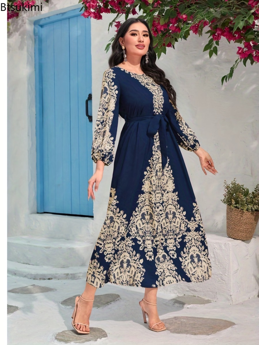 Robe longue imprimée pour femme, Abaya musulmane, Jalabiya de fête, Kaftan élégant, Robe longue arabe, Caftan marocain, Robe de soirée pour l'Aïd et le Ramadan