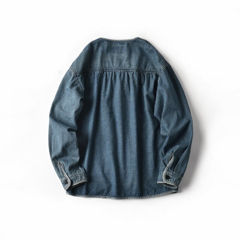 Veste en jean délavé style rétro japonais pour homme, cardigan décontracté à col en V avec poches utilitaires