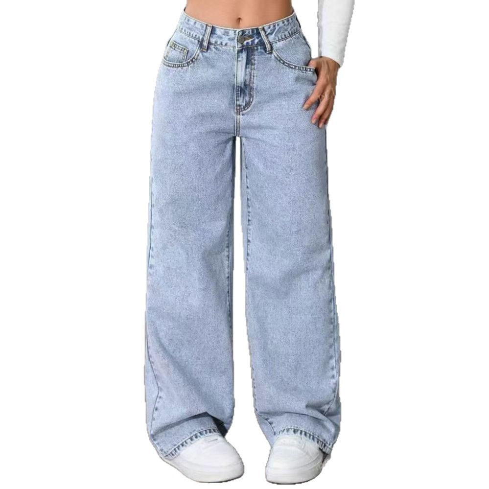 Taille : S-5XL Jeans d'été et d'automne pour femmes, coupe large, taille haute, grande taille, pantalon décontracté ample à jambe droite, pantalon large pour filles