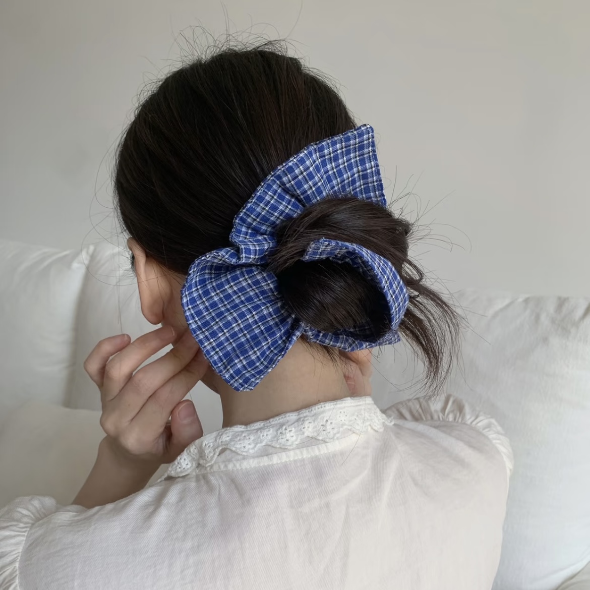 Preppy – chouchou à carreaux bleus de Style Preppy, cravate à cheveux en forme de grand nœud, accessoire de cheveux mignon et rétro pour femmes