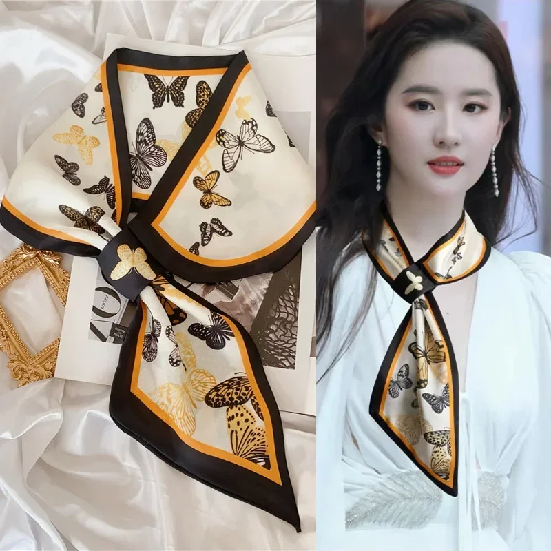 Bande de luxe printemps été oreille foulard en soie femmes rayé imprimé foulard poignet serviette Style coréen cravate sac dames cou écharpe