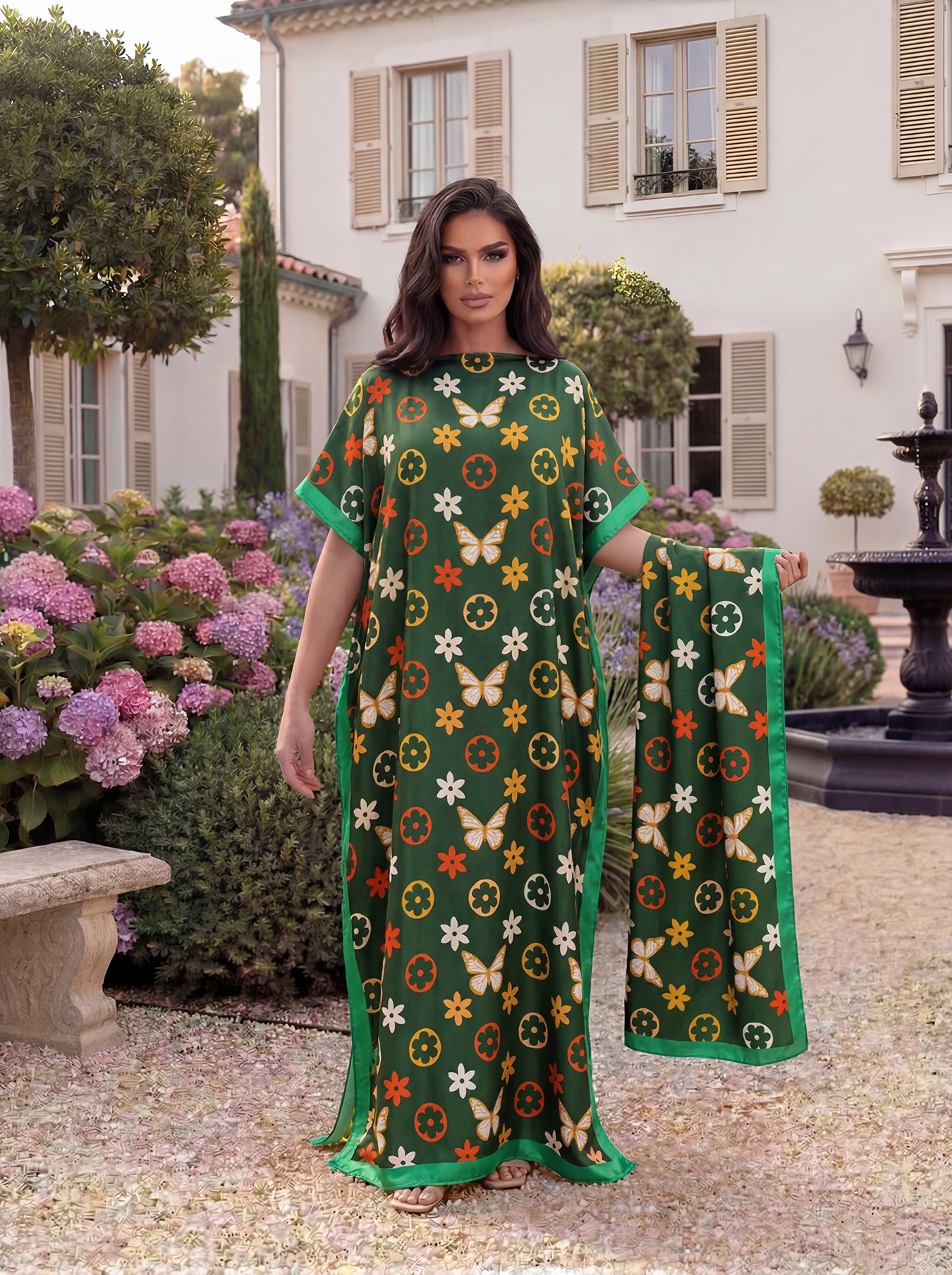 Abaya à imprimé floral de Dubaï avec foulard, kaftan maxi ample à col bateau et manches chauve-souris pour femmes musulmanes africaines