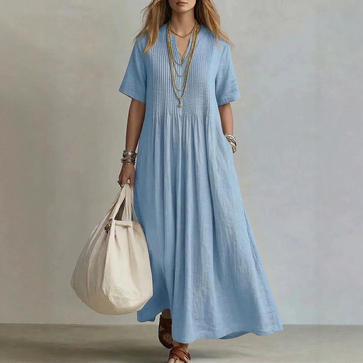 Robes pour femmes 2026 : Nouvelle collection décontractée, ample, col en V, manches courtes, plissée, en coton et lin, longue robe pour femme