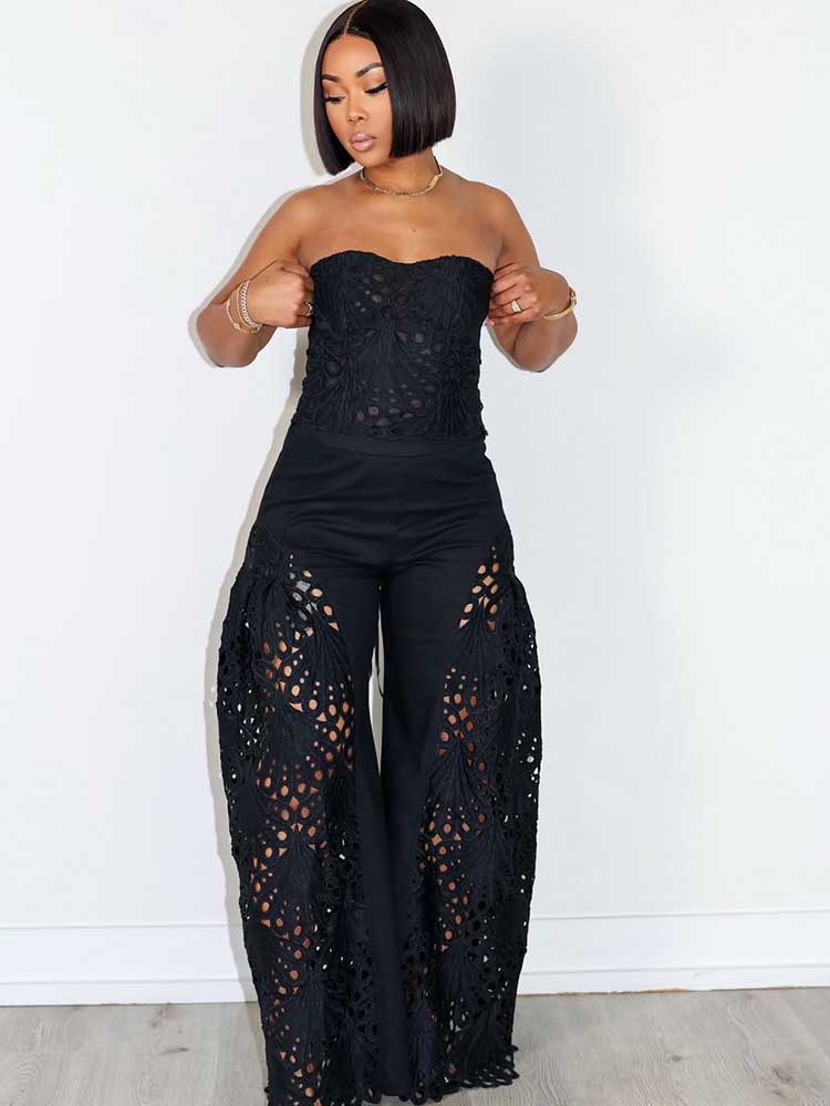 Ensemble deux pièces en dentelle pour femmes, vêtements élégants, col en V, Sexy, sans bretelles, haut court et pantalon à jambes larges, ajouré, été