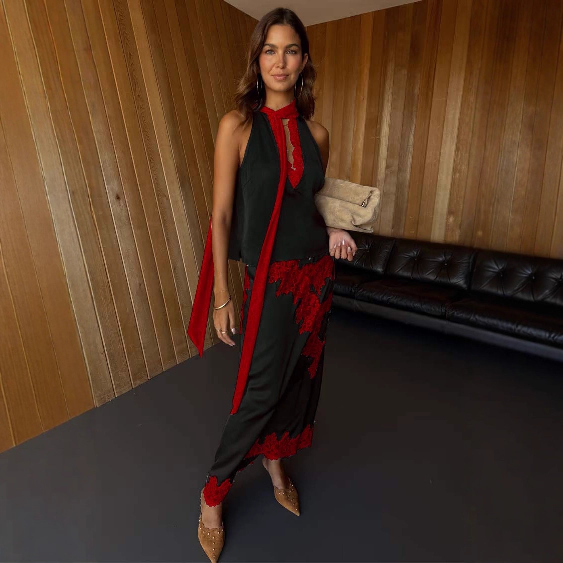 Ensemble jupe longue en dentelle patchwork tendance pour femme, décontracté, en satin, col en V, sans manches, pour l'été 2026, style urbain, idéal pour les vacances