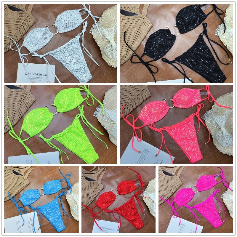 Ensemble de bikinis deux pièces brillants pour femmes, maillot de bain de fête sexy avec haut dos nu et bas triangle