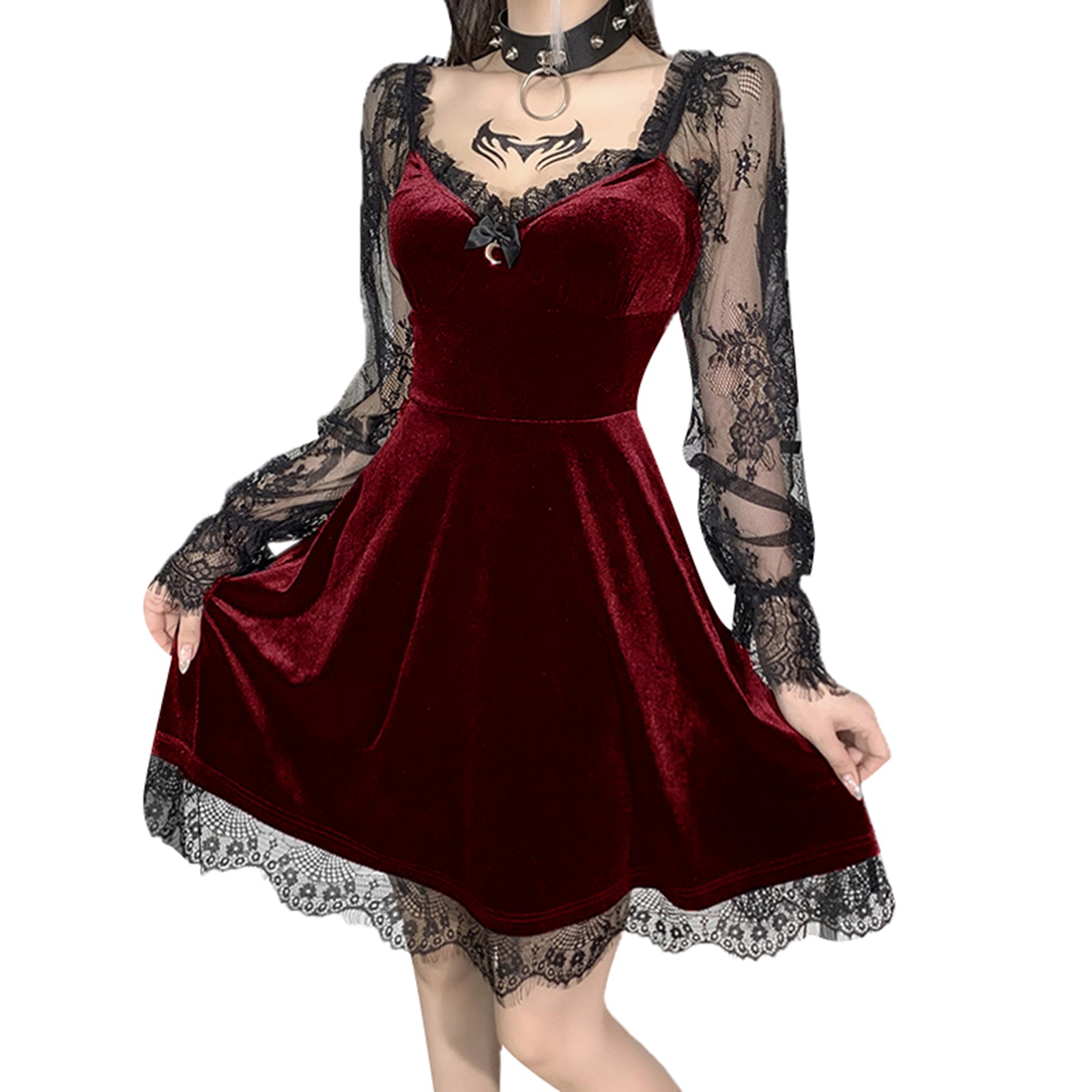 Robe cousue en dentelle à manches longues pour femmes, sexy, gothique foncé, document solide, nouvelle mode, 2024