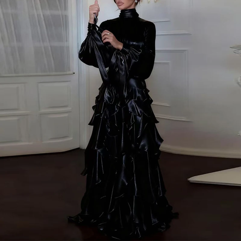 Robes de soirée pour femmes, mode taille haute plissée, décontractée, col haut, couches, robe de Banquet, élégante, manches longues, robe de soirée
