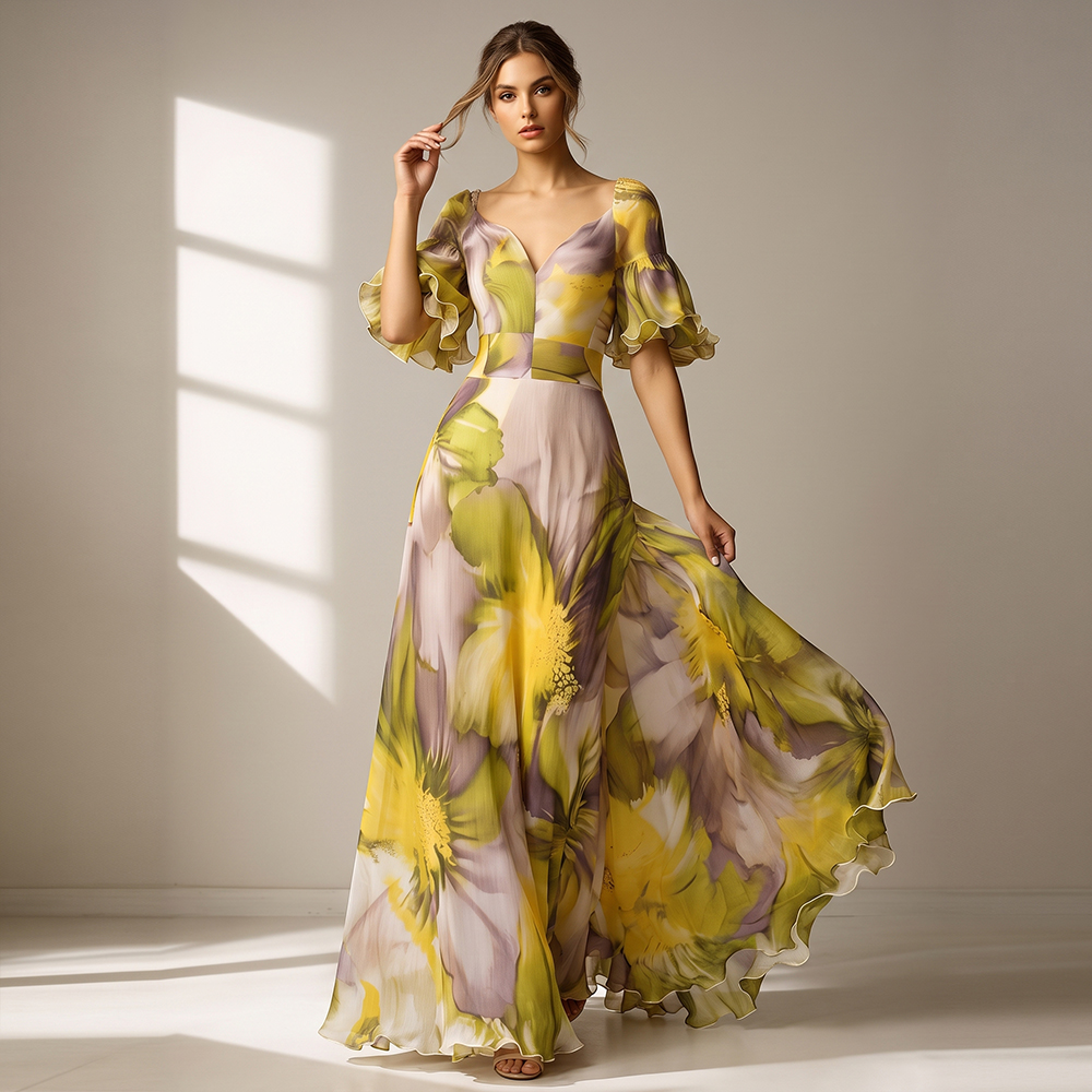 Robe longue en mousseline de soie à fleurs pour femme, col en V, manches courtes bouffantes, taille haute, élégante, fluide, pour soirée, mariage, invitée, été
