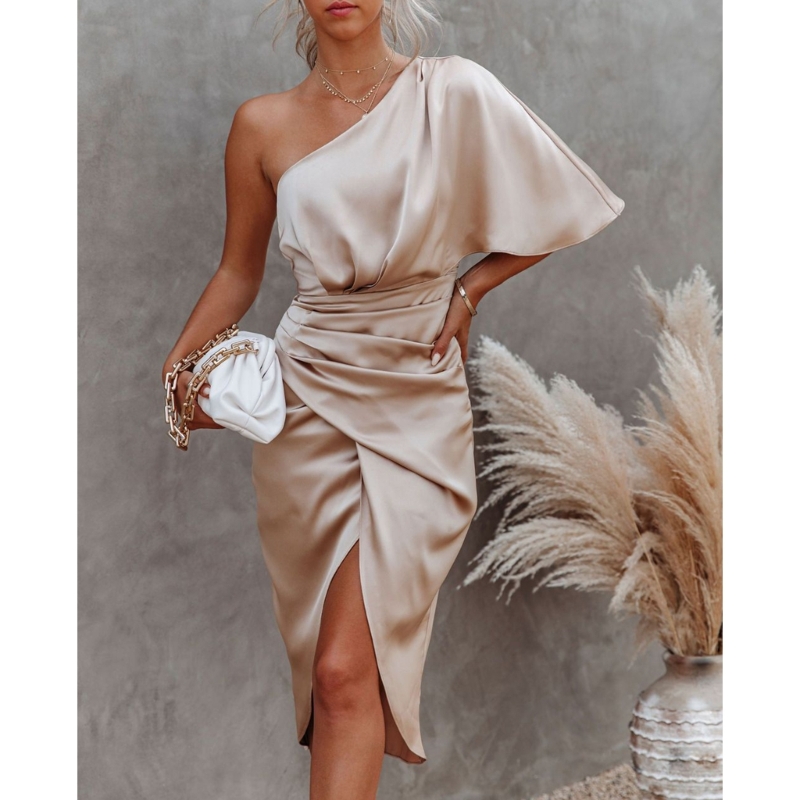 Robe longue froncée en Satin pour femmes, asymétrique, épaule dénudée, manches chauve-souris, moulante, mi-longue, asymétrique, portefeuille, robe de Cocktail