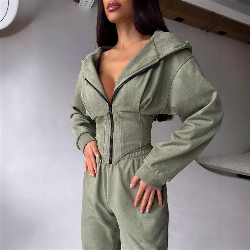 2025 sweat deux pièces costume femmes sport décontracté ensembles fermeture éclair à capuche tunique veste courte haut pantalon droit 2 pièces ensembles